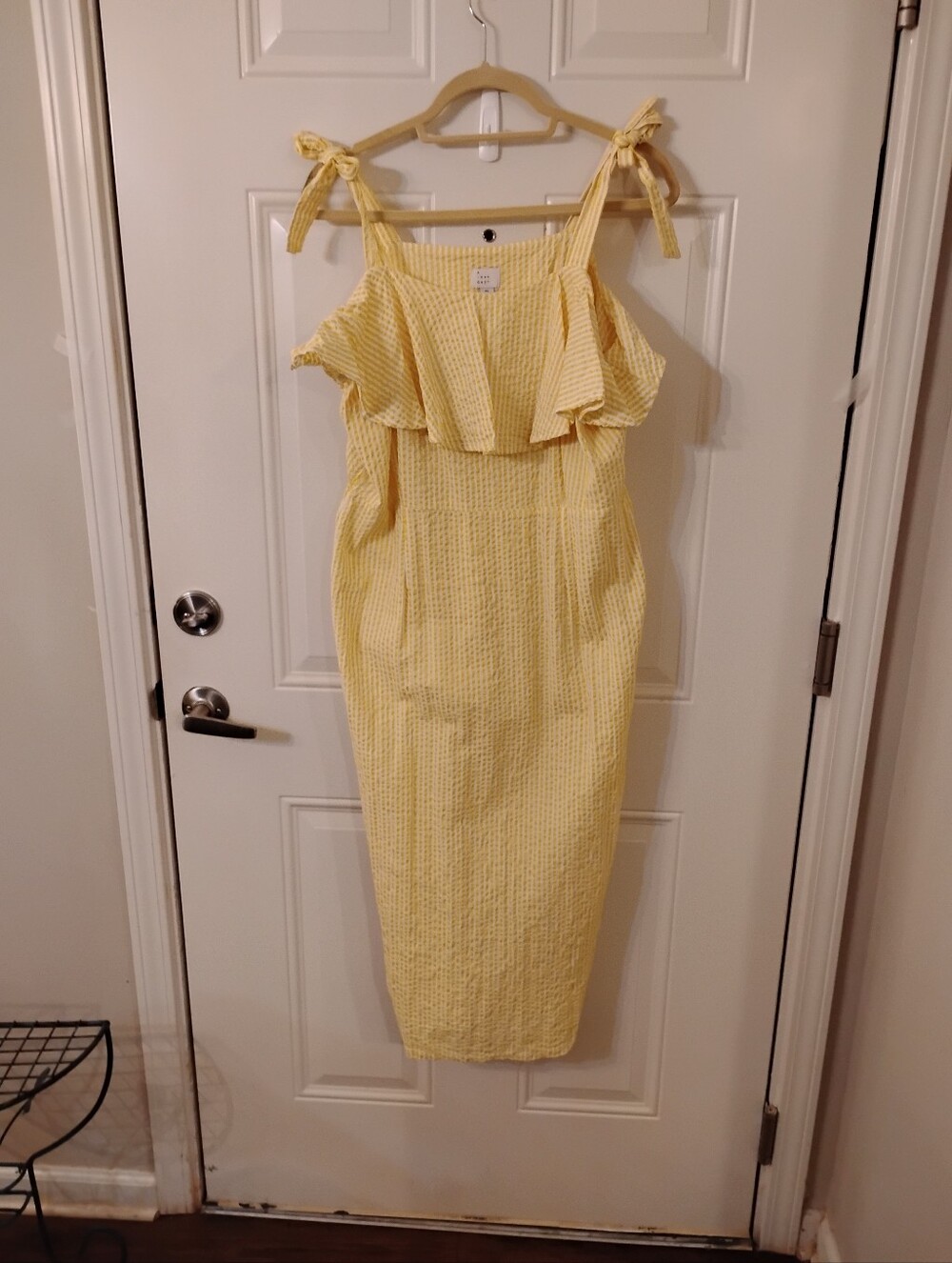 Yellow And White Striped Seersucker Dress With Shoulder Tie Straps Ruffle Detail